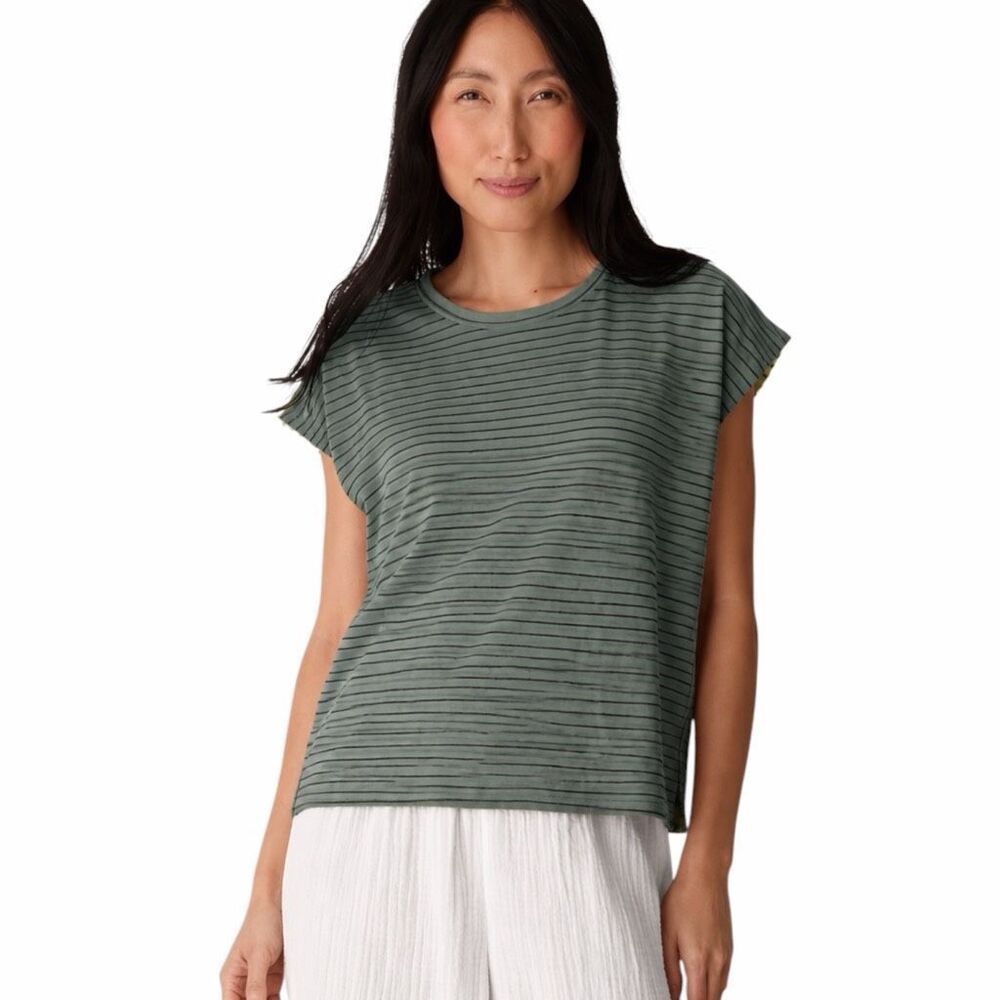 EILEEN FISHER Women’s Sage Green Striped Sleeveless Organic Linen Top Size Small